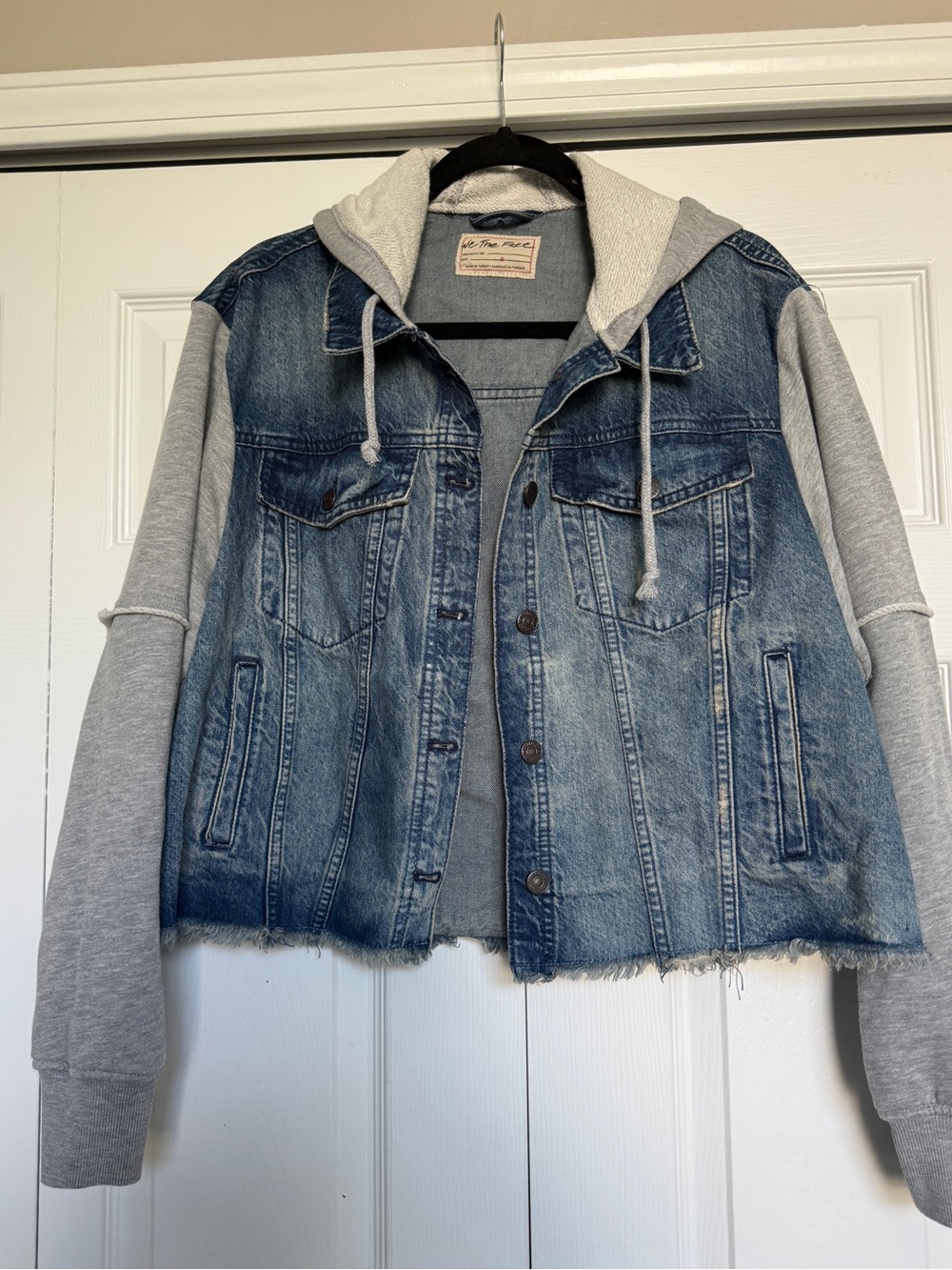 NWOT 💙 We The Free Blue Denim Jacket with Grey Hoodie Sleeves